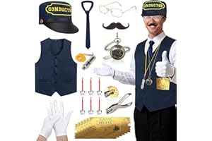Beipegin 21 Pcs Train Conductor Costume Adult, Conductor Hat Vest Whistle, Believe Bells Train Pocket Watch Christmas Holiday Sticker
