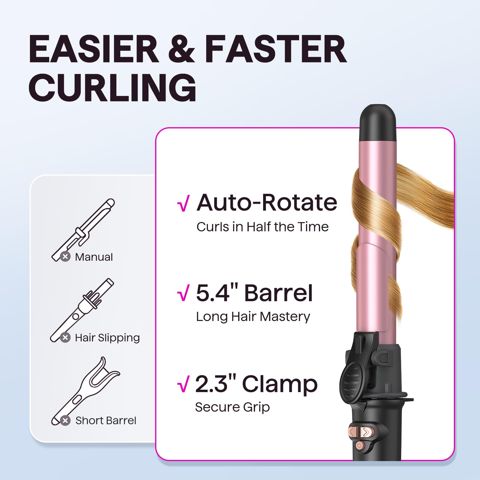 Wavytalk Rotating Curling Iron, Curl Cycle, 1 Inch Automatic Curling Wand for Long Hair, Get Effortless Beach Waves with Self Spinning Barrel up to 430°F with Home Button, Dual Voltage, Rose Gold
