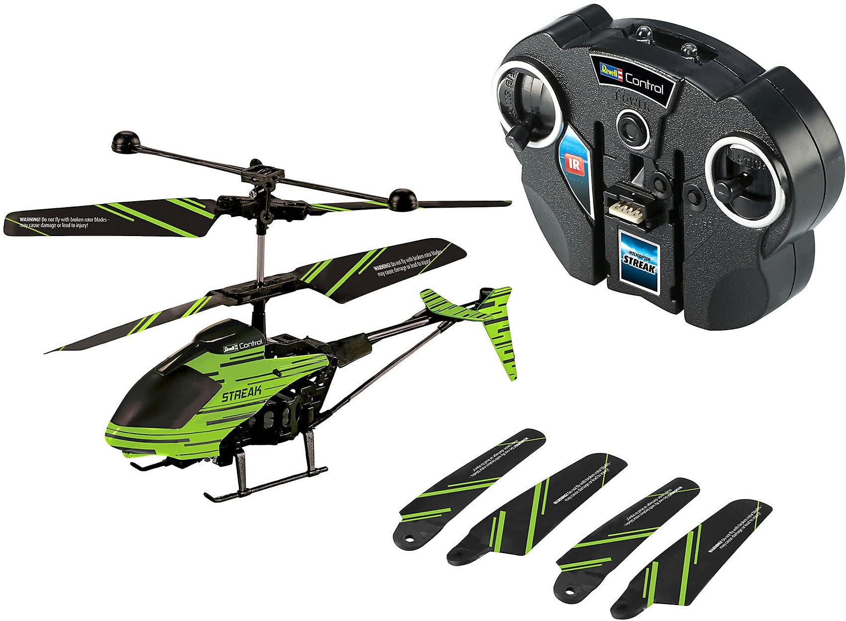 Revell Control 23829 Remote Control Helicopter Streak Glow in the dark With Infra Red Control, Gyro, Spare Rotors, LED Lights, 2 Channel, Charges ViA Transmitter, 18cm in length