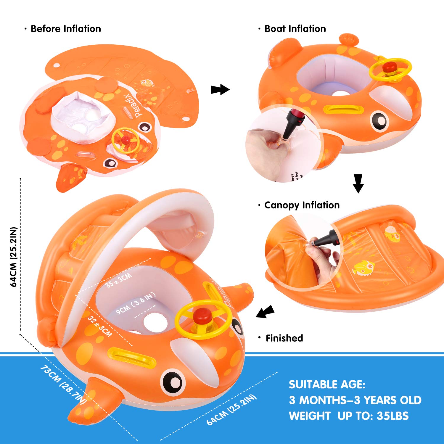 Peradix Flotadora para bebés 6meses-3 Años Barco Inflable Flotador con Sombrero para el Sol y Asiento Respaldo Techo Ajustable Juguetes de Desarrollo de Natación en Agua para Niños (Naranja)