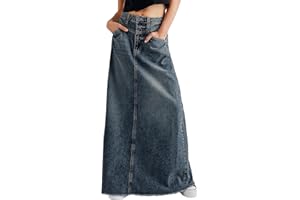 CHARTOU Women Vintage Denim Maxi Skirt Frayed Raw Hem High Waist A-Line Long Jean Skirt