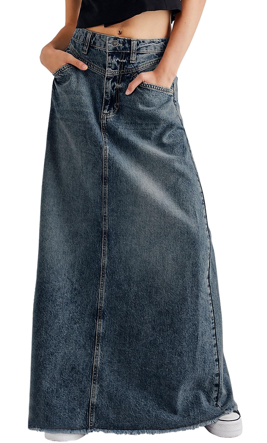 Photo 1 of CHARTOU Women Vintage Denim Maxi Skirt Frayed Raw Hem High Waist A-Line Long Jean Skirt (XX-Large, Blue)