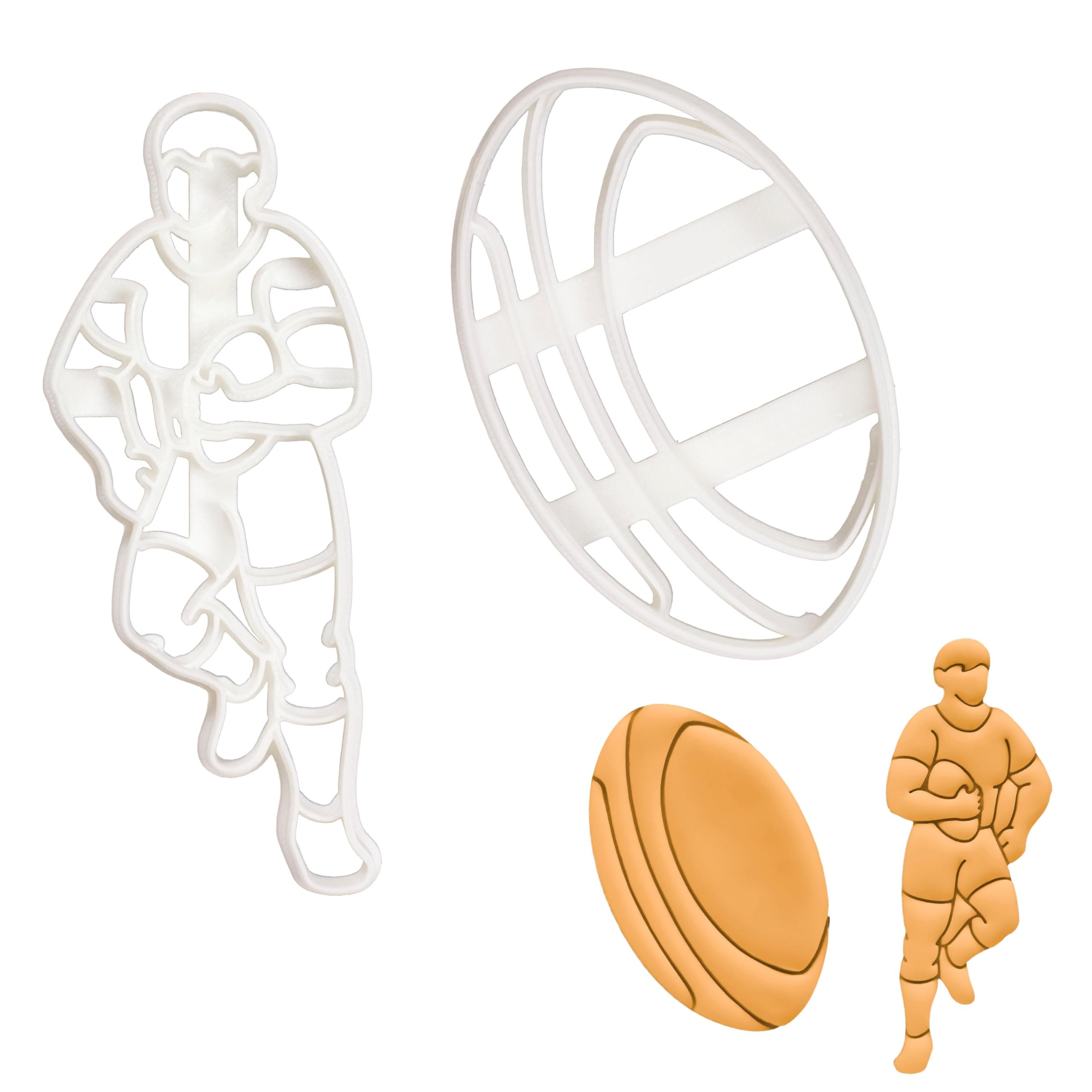 BAKERLOGY Set of 2 Rugby Themed Cookie Cutters (Designs: Player and Ball) - Detailed Biscuit Cutter Design for Baking and Crafts, Ideal on Fondant, Dough, Clay