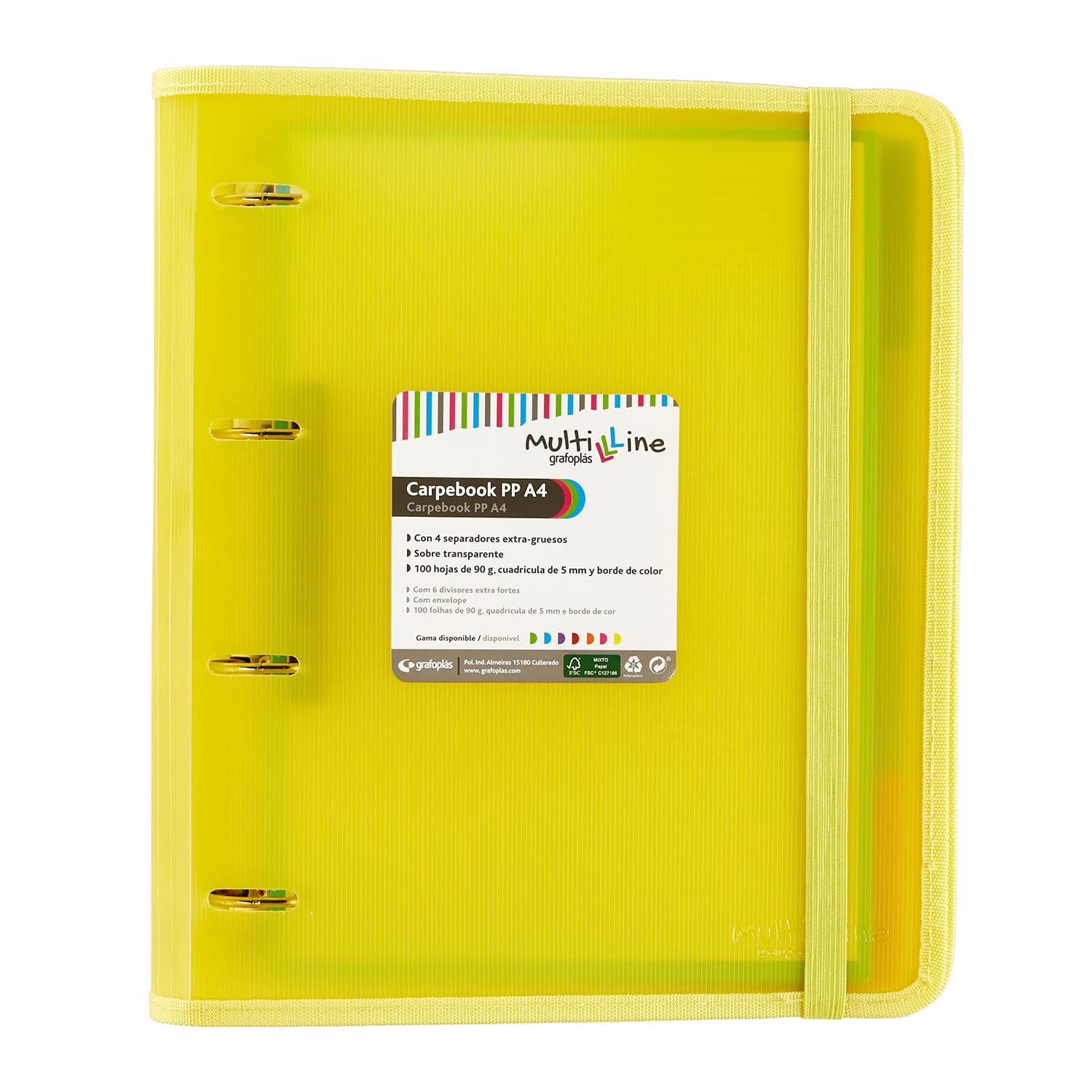 Grafoplás 88100060 4 Ring Binder with Refill and Dividers, A4, Yellow, Striped Polypropylene, Multiline Folder