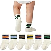 Durio Toddler Grip Socks for Boys - Soft Cotton Blend Non Slip Socks with Grip Dots, Retro Stripe Sporty Baby Crew Sock Girls