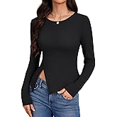 Rooscier Women's Long Sleeve Round Neck Asymmetrical Slit Side Slim Ribbed Basic T Shirts Tops