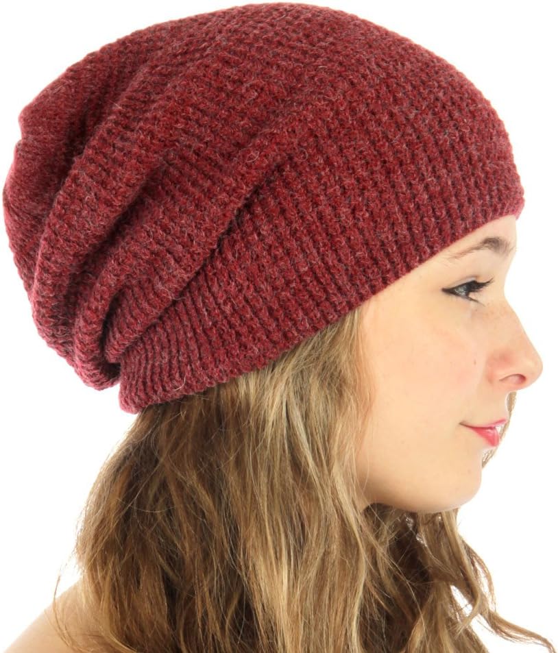 Waffle Knit Slouchy Beanie Hat for Men and Women (Burgundy)