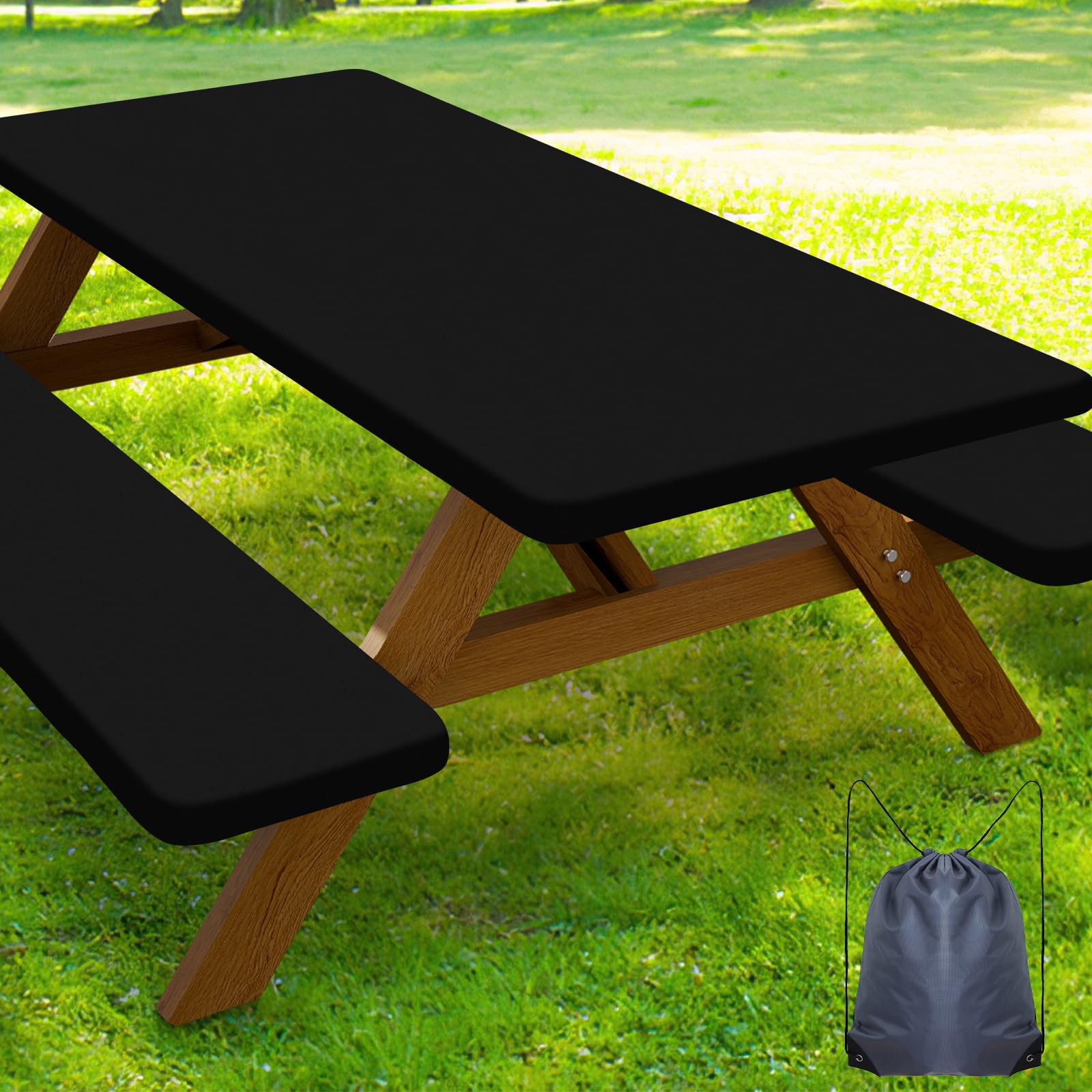 Photo 1 of Smiry Picnic Table Cover with Bench Covers, Waterproof Elastic Fitted Polyester Tablecloths (Black, 30x96 Inches)
