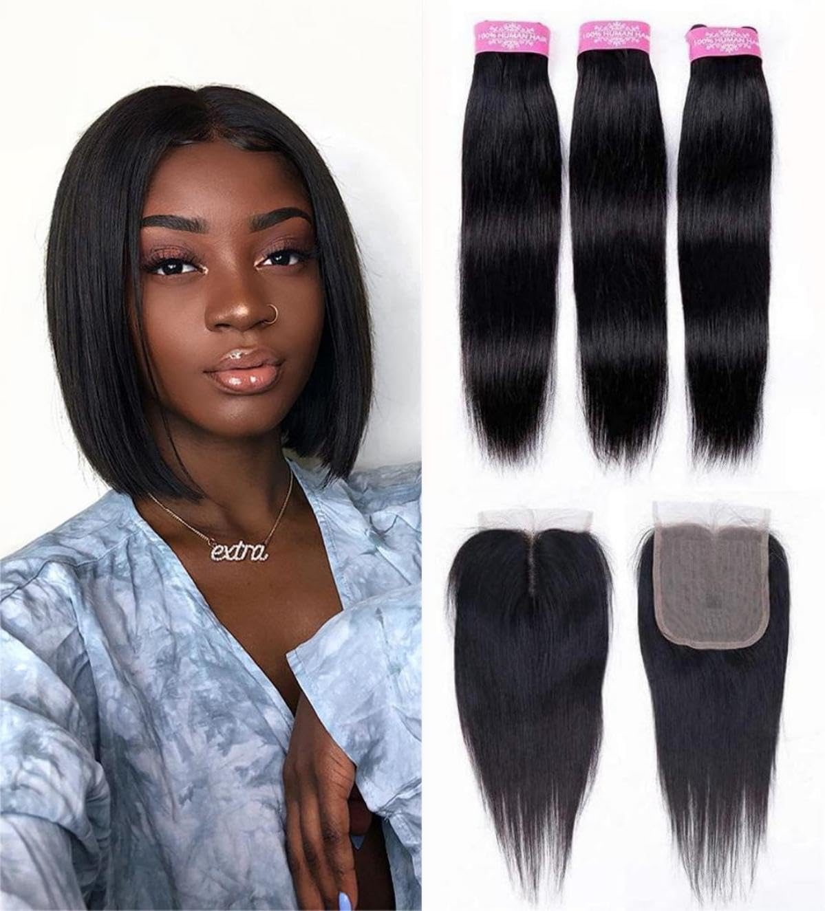 Sexycat Straight Bundles with 4x4 T Part Lace Closure Human Hair 8 8 8+8 Inch 100% Unprocessed Brazilian Virgin Hair Extensions Weave Weft Bundles with T Part Closure — image 1