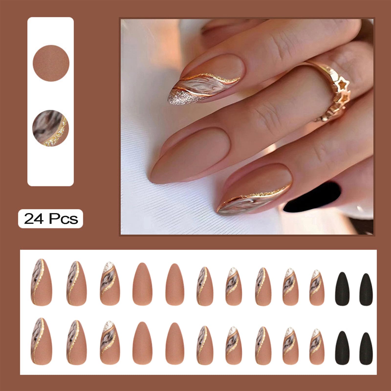 Almond Press on Nails Medium Fake Nails Nude False Nails with Designs Gold Glitter Line Glue on Nails Marble Full Cover Acrylic Nails Brown Matte Stick on Nails for Women 24 Pcs - Image 4