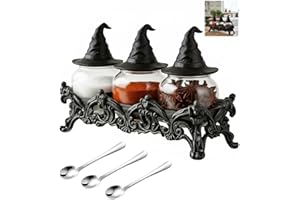 Witchy Hat Apothecary Spice Jars, Handcrafted Vintage Glass Storage Jars with 3 Metal Spoons & Black Witch Hat Lids, Gothic K