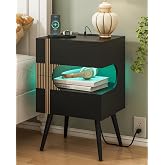JOONEE White Nightstand with Charging Station and LED Lights,Modern Bedside Table with 2 Storage Drawer,Night Stand with Solid Wood Legs,White (Black-2)