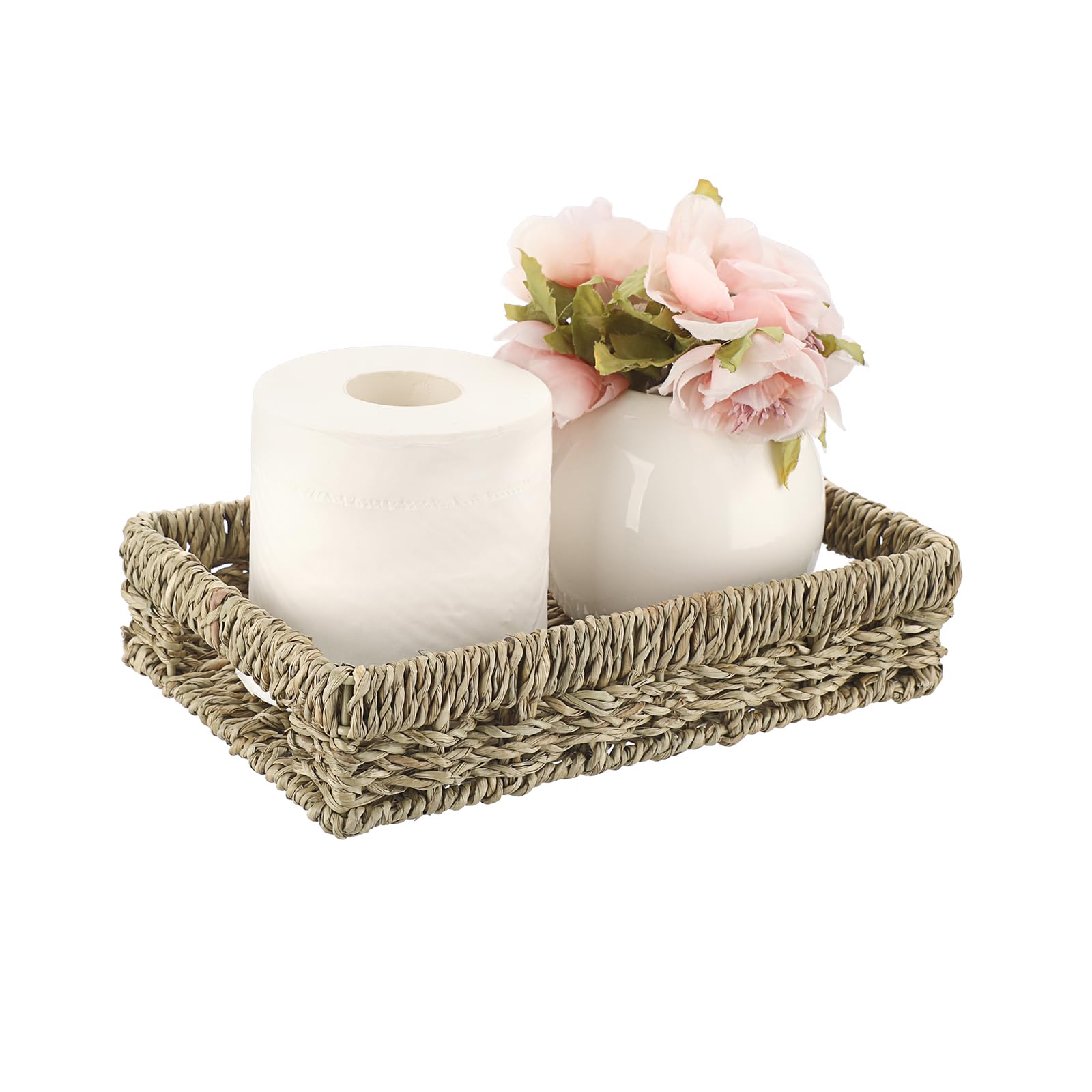 Photo 1 of Sumnacon Bathroom Tray for Counter 9.8 Inch Natural Seagrass Bathroom Trays, Wicker Toilet Tank Tray Organizer Decorative Storage Basket Tray for Bathroom Vanity Kitchen Shelf Desk