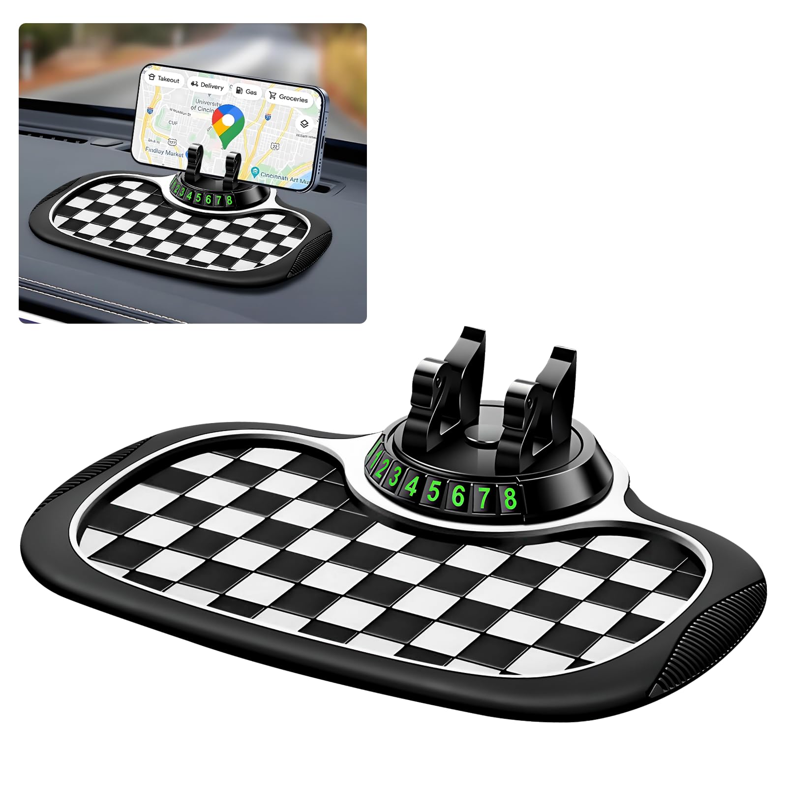 Wuyaoyao Multifunction Car Anti-Slip Mat Auto Phone Holder, PVC Car Dashboard Non-Slip Pad Phone Mount with Temporary Parking Number, Automotive Sticky Dash Pad for Phones, Keys, Gadgets (Black+White)