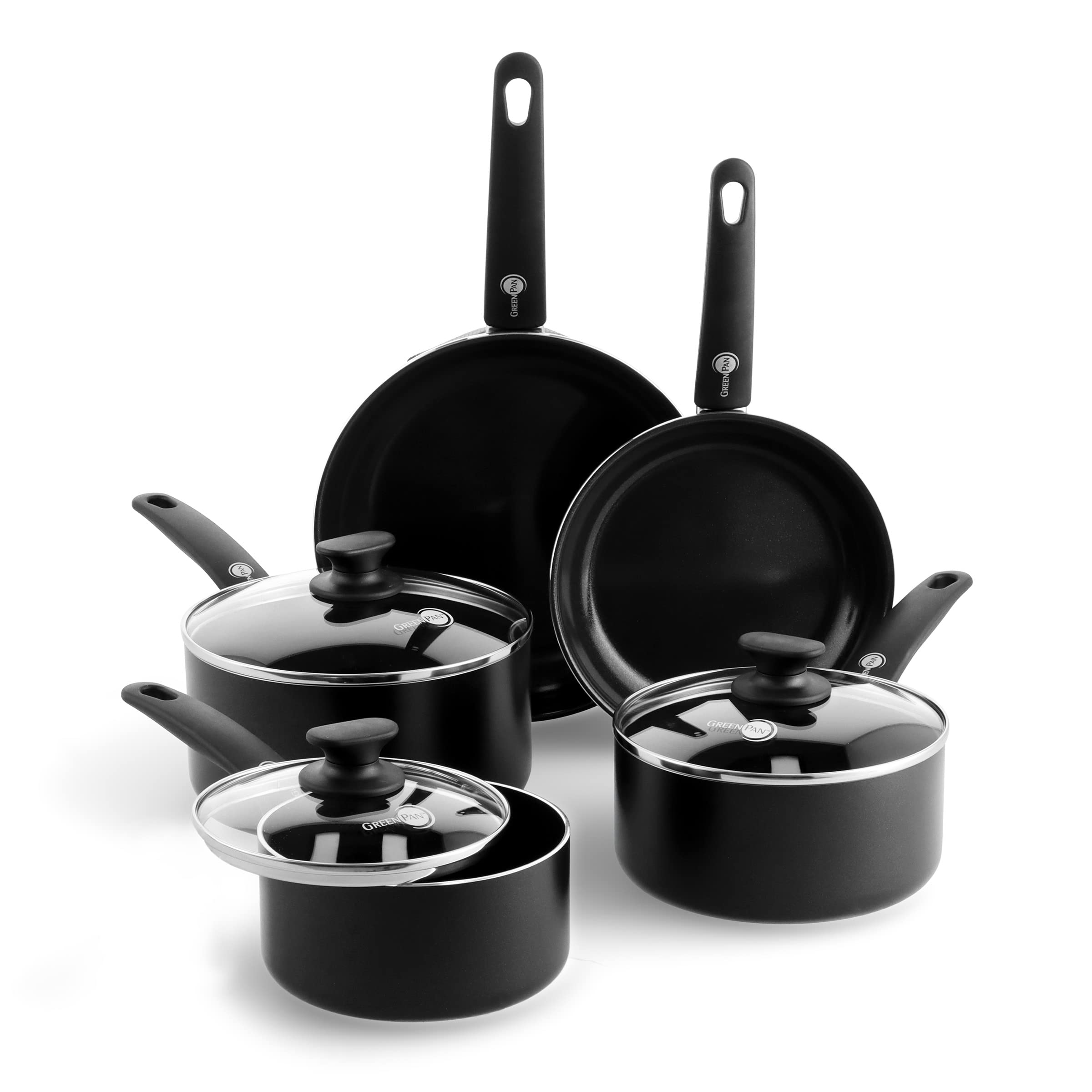 GreenPan Cambridge Healthy Ceramic Nonstick 8-Piece Cookware Pots and Pans Set, Includes Frying Pans and Saucepans with Lids, PFAS Free, For all hobs including Induction, Oven Safe up to 160°C, Black