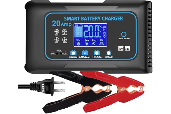 20 AMP Battery Charger, 12V/24V Lead-Acid, Lithium, LiFePo4 Smart Battery Charger, Trickle Charger, Fully Automatic Chargers