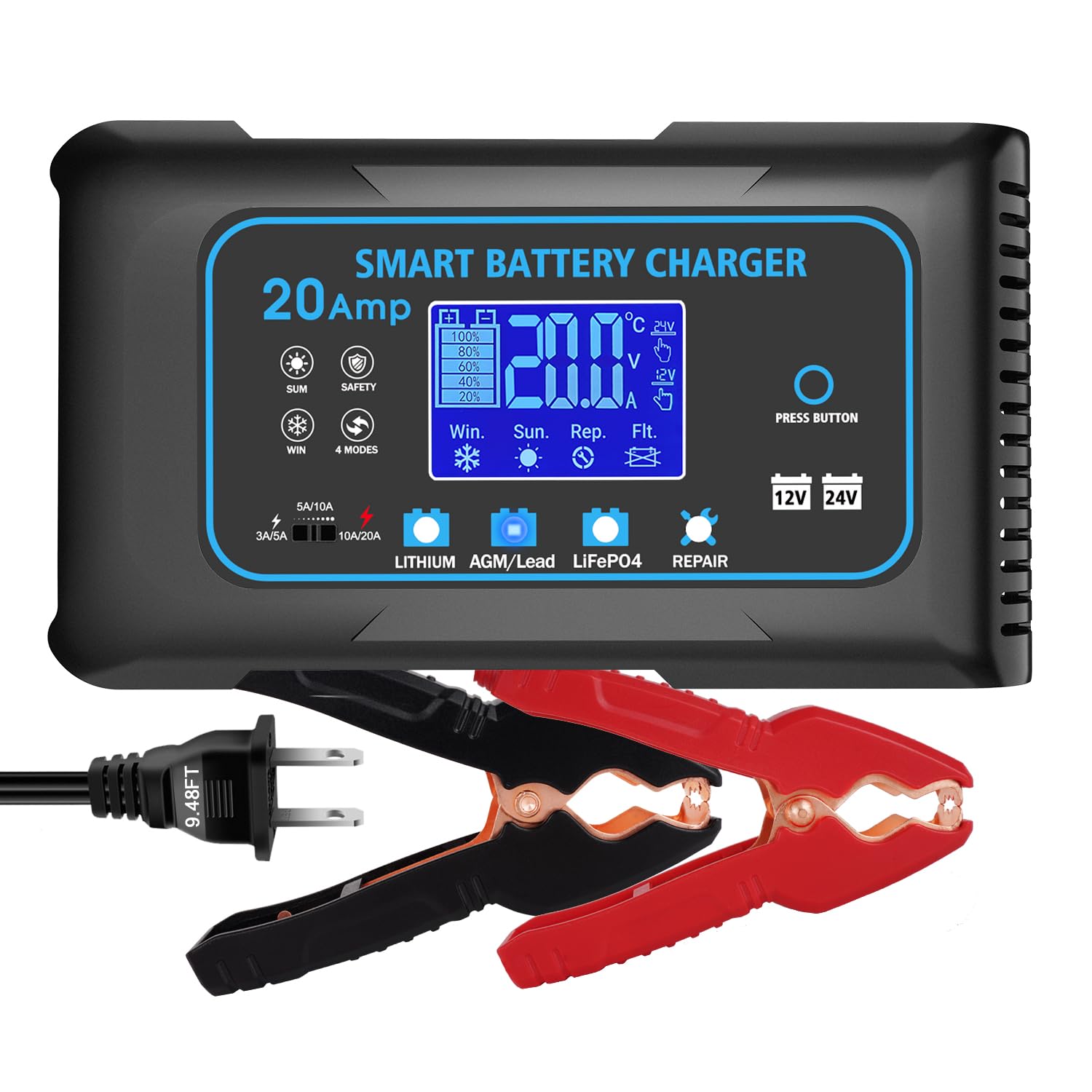 20-Amp Smart Battery Charger, 12V/20A And 24V/10A.Lithium, Lifepo4, Lead Acid Car Battery Charger, Trickle Charger