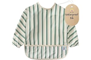 ARI MES Long Sleeves Waterproof Baby Bibs for Eating - Green Stripes, Small - Wearable, Coverall for Toddler, Long Sleeve Bib, Smock Apron for Feeding - Applicable for 6-72 Months
