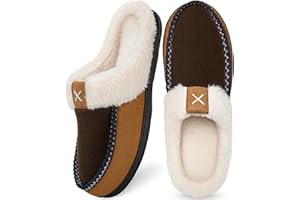 Homitem Mens Slippers Moccasins Memory Foam Fuzzy Slippers for Men Wool-Like Plush Fleece Lined House Shoes Indoor Outdoor Anti-Skid Rubber Sole Home Bedroom