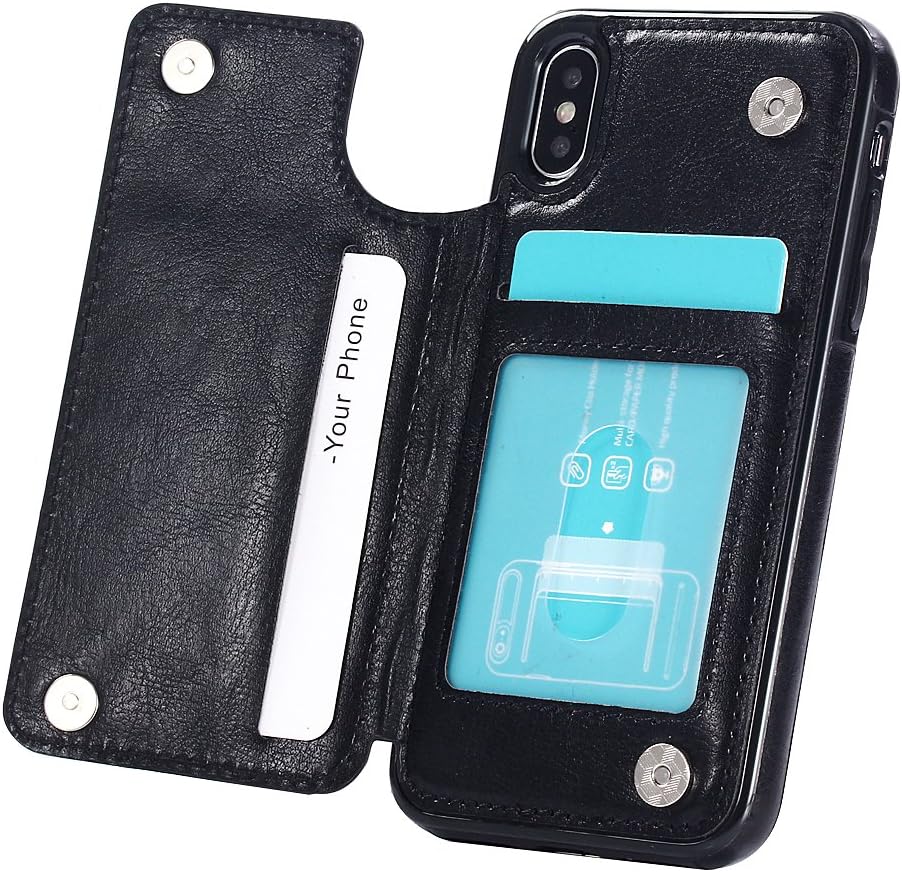 Dassions for iPhone X XS Wallet Case with Card Holder, Premium PU Leather Kickstand Card Slots Case,Double Magnetic Clasp and Durable Shockproof Cover For iphone X XS (Black)