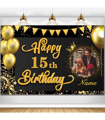 Nelbiirth Happy 15th Birthday Backdrop Banner - Black & Silver Large Party Decoration, 'Cheers To Fifteen' Sign - View #6