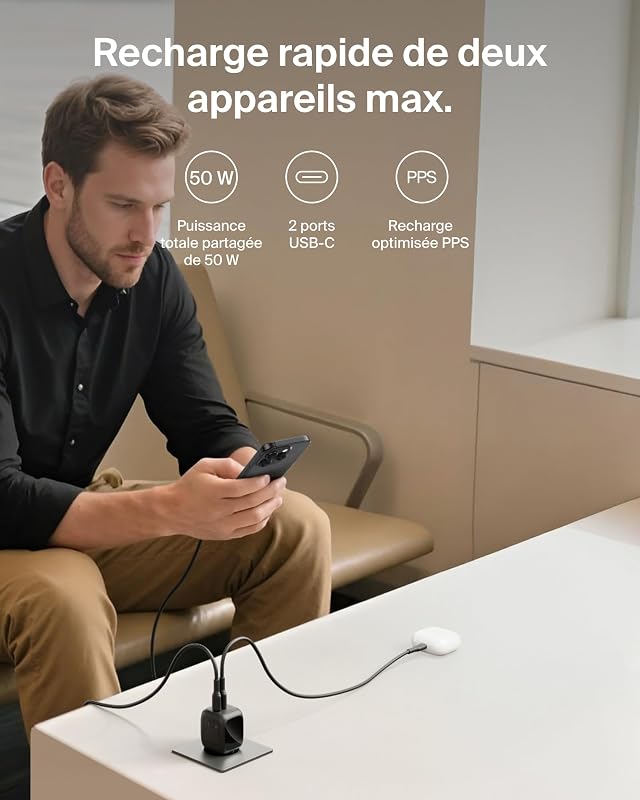 Chargeur USB C Multiple, 50 W, Chargeur Secteur GaN 2 Ports, Recharge Rapide pour MacBook, iPhone 17, iPad Pro, Chromebook, Galaxy S25 Ultra, Pixel 10, etc. - Accessoires de Voyage - Noir