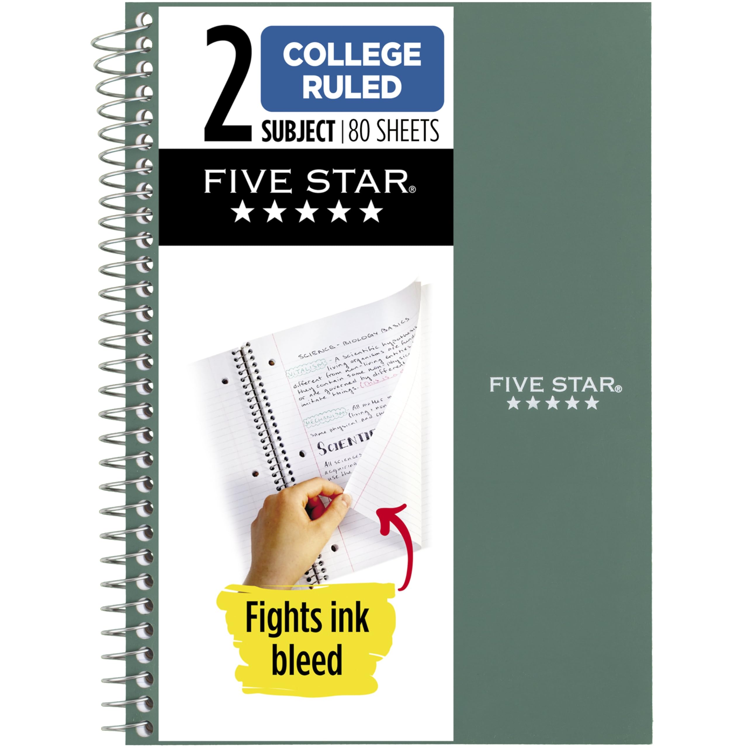 Five Star Spiral Notebook, 2 Subject, College Ruled Paper, 6" x 9-1/2", 80 Sheets, Fights Ink Bleed, Water Resistant Cover, Seaglass Green (840029CH1-ECM)