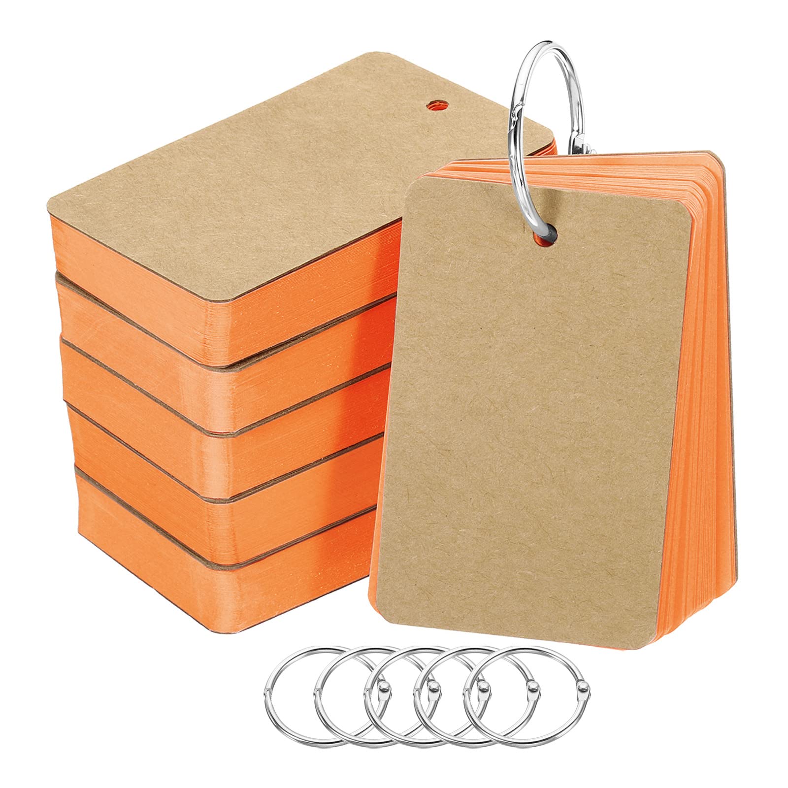 PATIKIL 3.5" x 2" Blank Flash Cards with Rings, 300 Pack Study Cards Index Cards Note Card Pre Hole Punched for Learning, Orange