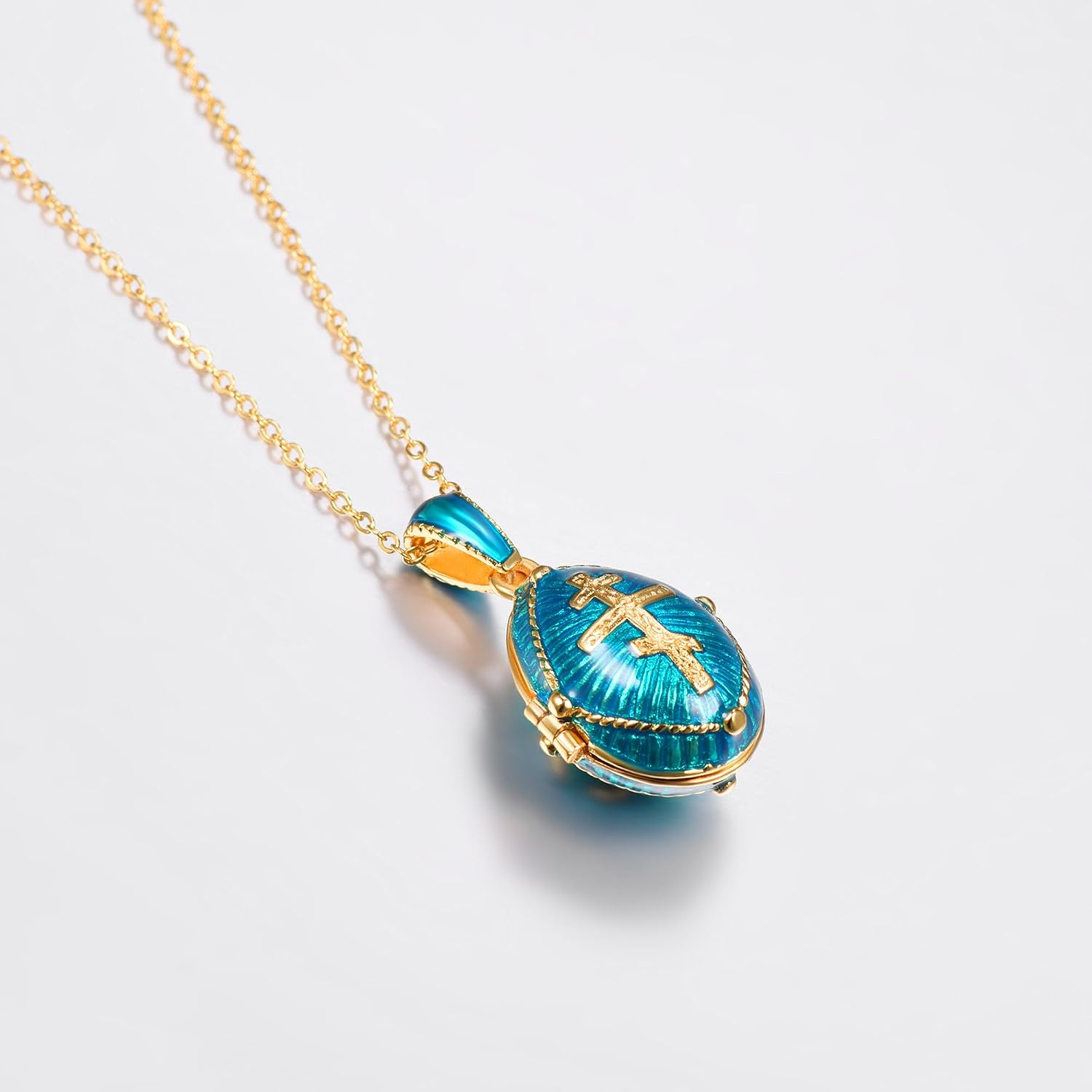 U7 Blue Green Oval Locket Necklace With Orthodox Cross Pendant for Men Women Religious Christian Jewellery - Image 5
