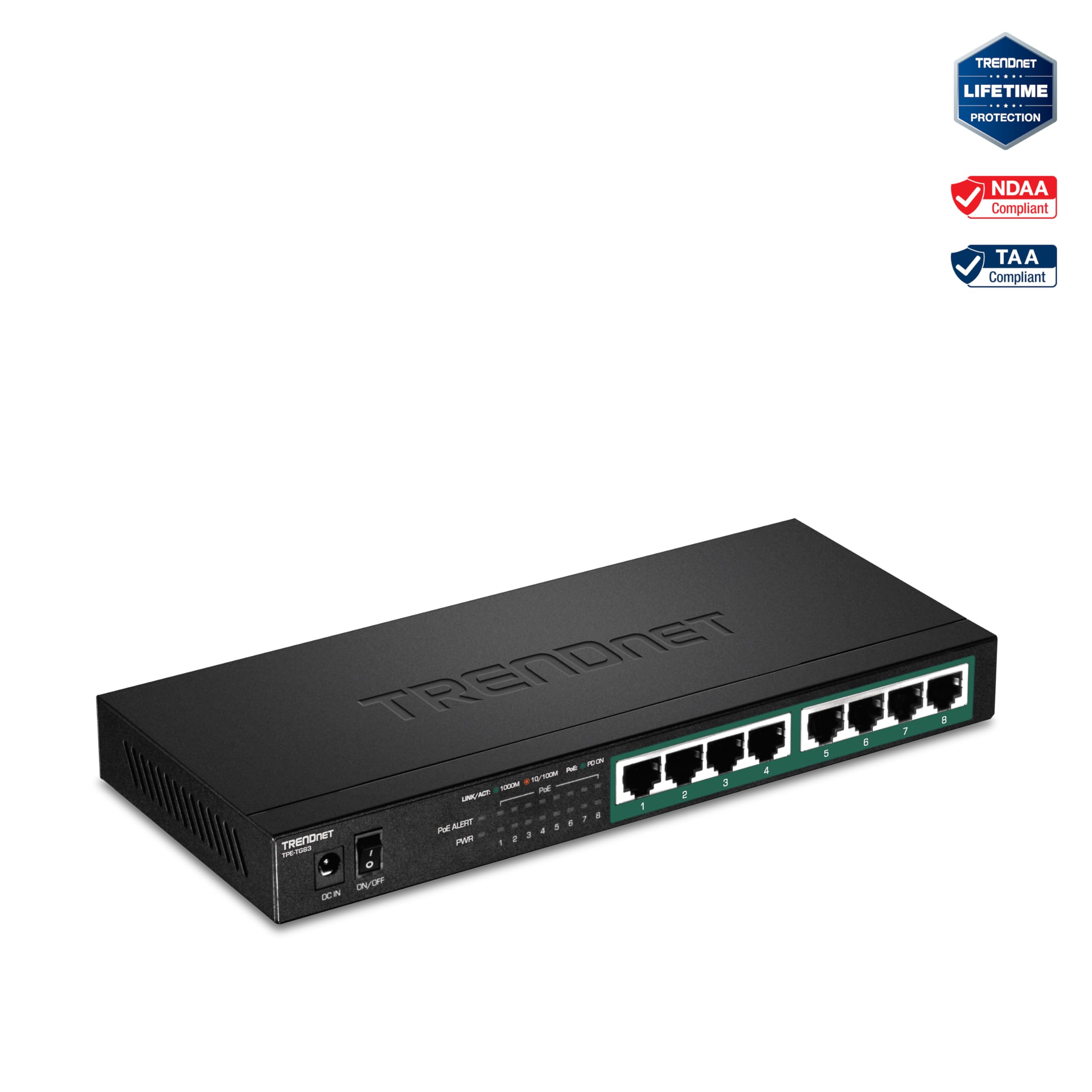 TRENDnet 8-Port Gigabit PoE+ Switch, 65W PoE Power Budget, 16Gbps Switching Capacity, IEEE 802.1p QoS, DSCP Pass-Through Support, Fanless, Wall Mountable, Lifetime Protection, Black, TPE-TG83
