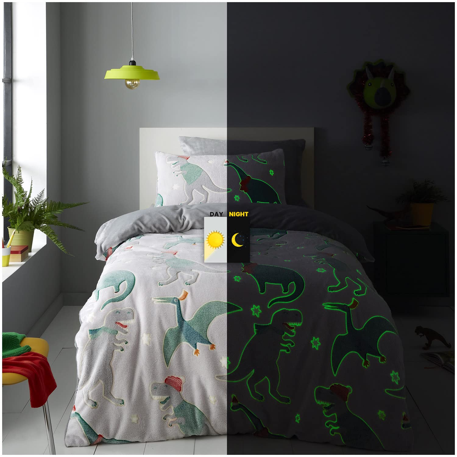 Luxury Teddy Glow In Dark Winter Dinos Duvet Cover, Snuggle & Fleece Soft & Cosy Quilt Bedding Set, Double