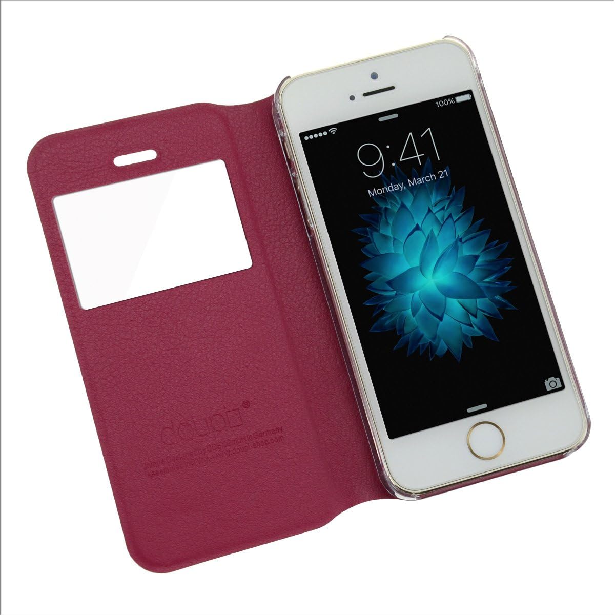 doupi Flip Cover for iPhone 5 5S SE, with Viewing Window Magnet Protective Flip Case BookStyle Screen Protector Stand, red pink - Image 4