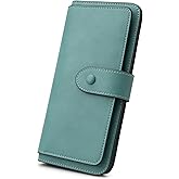 RFID Blocking Leather Wallet for Women, Slim Trifold with 14 Card Slots and Zipper Pocket (Purist Blue)