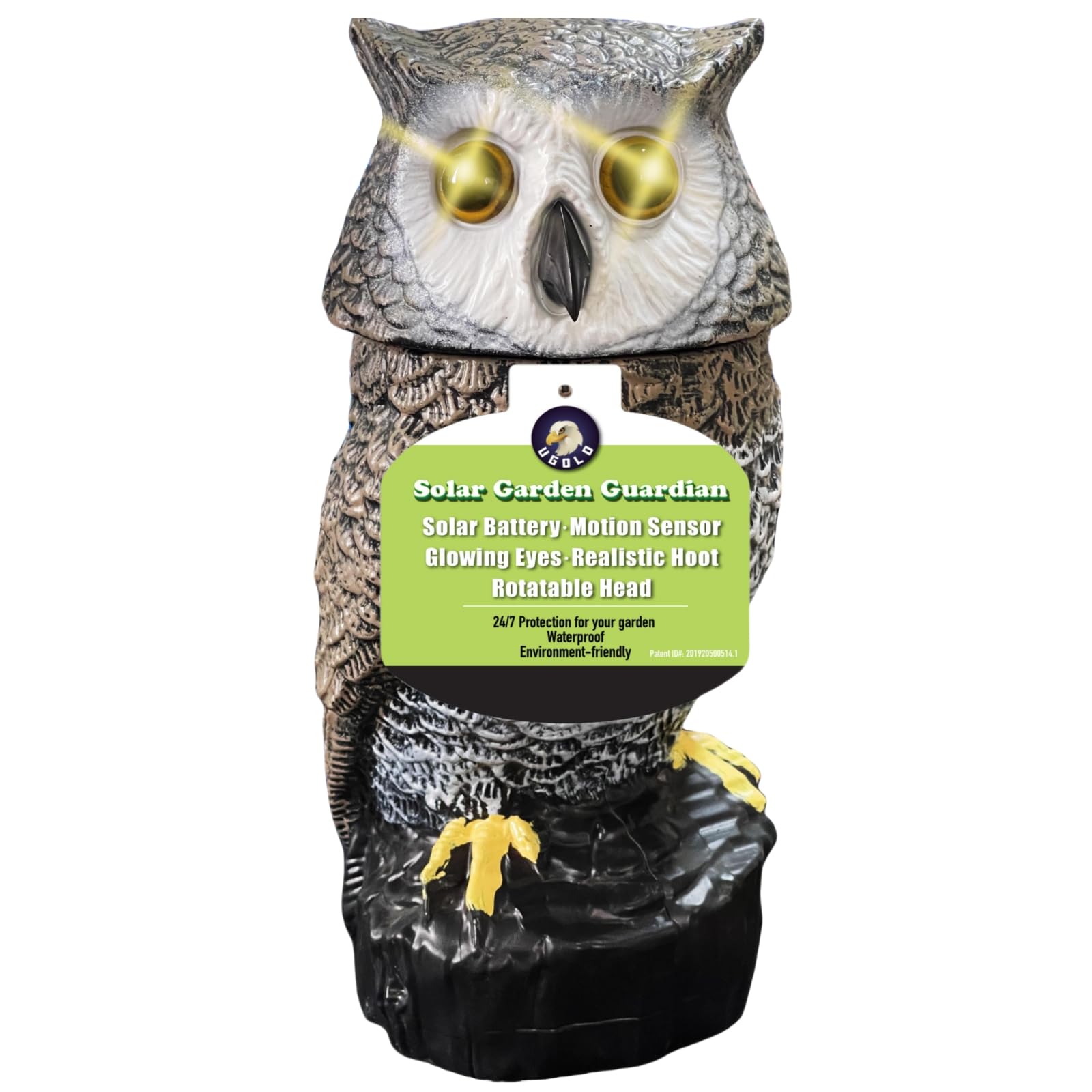 Photo 1 of Ugold Solar Powered Garden Owl with Motion Detection, Rotating Head, Realistic Hoots and Silent Mode, Outdoor Statue and Sculpture, Owl Decoration for Home, Garden, Patio and Lawn