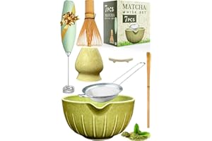 CUSHIO Matcha Whisk Set - (7-PIECE SET) Matcha Set Included Electric Matcha Whisk, Matcha Bowl with Spout, Bamboo Matcha Whisk, Matcha Whisk Holder, Matcha Sifter, Matcha Spoon with Stand, Ceremony Gift Box