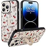 Ufbara Compatible with iPhone 14 Pro Max Case for Women Girls, Cute Cherry Bow Ribbon Bowknot Pattern, Built in Adjustable Wrist Strap Grip Hand Holder Shockproof Kickstand Cover (White)