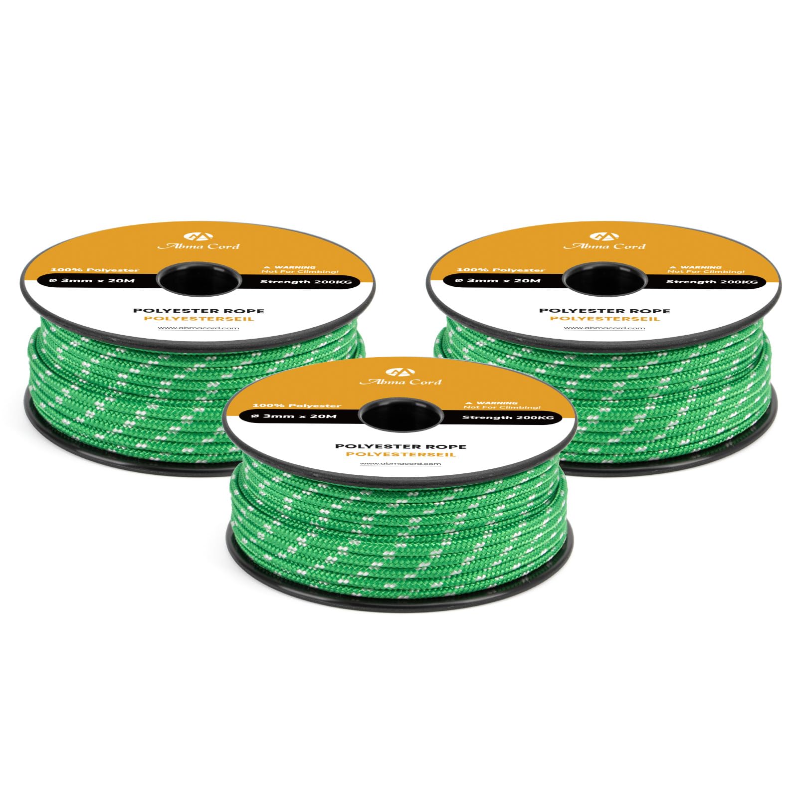 Abma Cord Polyester Cord 3mm x 20m Braid Polyester Rope, Green/White - Heavy Duty & Low Stretch - High UV & Abrasion Resistance