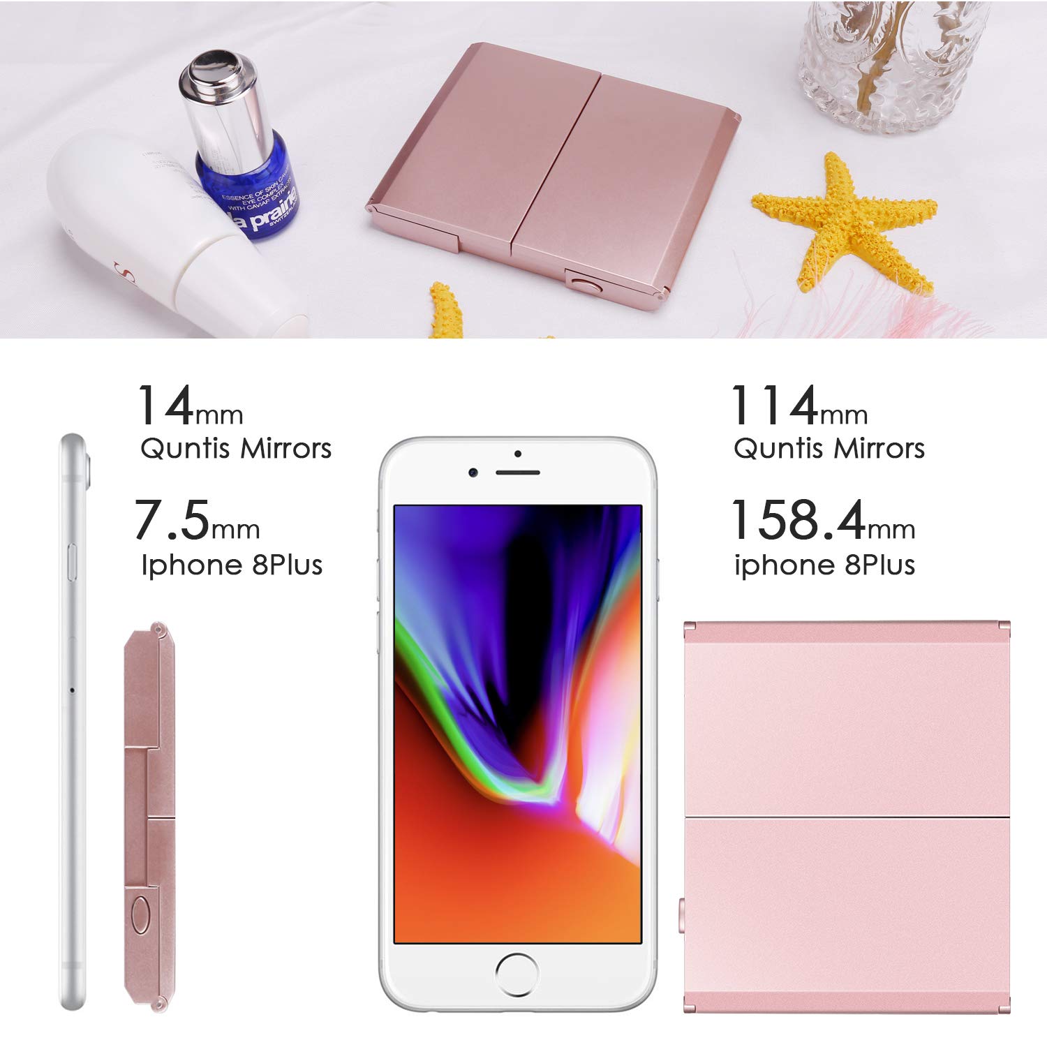 Quntis Tragbarer Kosmetikspiegel mit 8 LED Licht, 1-/ 2-Fach Vergrößerung, Beleuchteter Schminkspiegel Batteriebetrieb, Klappbarer Make UP Spiegel für Reise Tasche Unterwegs (Klein, Rosegold)