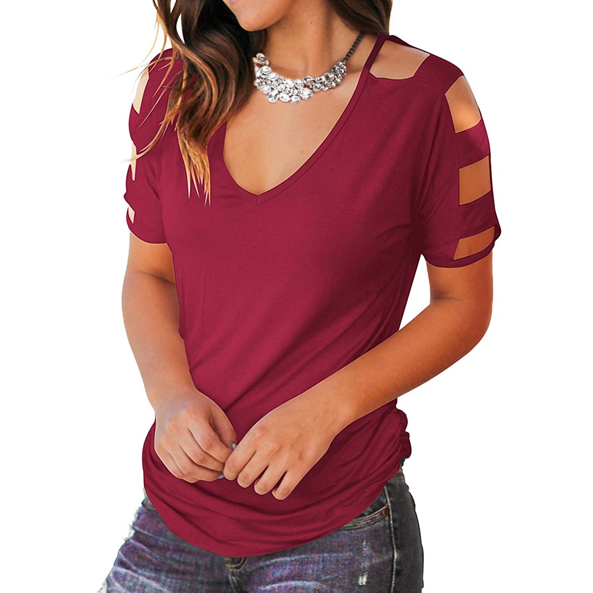 Eanklosco Women\'s Long Sleeve V Neck Cold Shoulder Cut Out T Shirts Casual Tunic Tops (L/UK 12, Wine Red-Short)