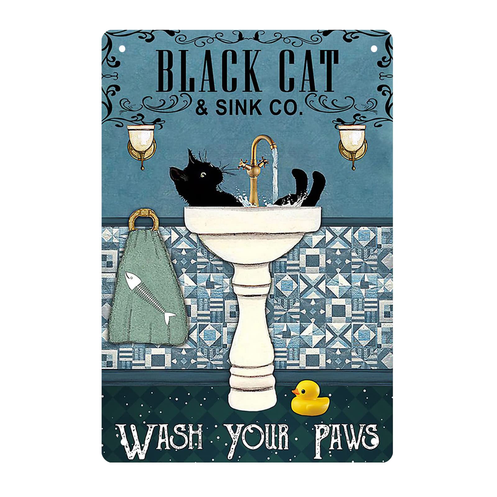Pro-Noke Vintage Metal Tin Sign - Black Cat 'Wash Your Paw' Decor - 7.9 x 11.8in/20 x 30cm
