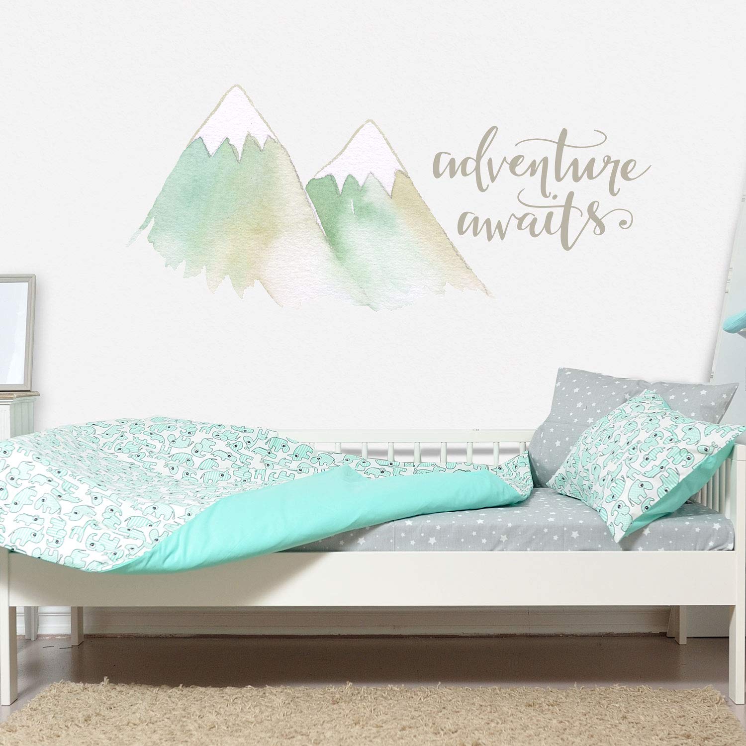 Stickerscape Adventure Awaits Mountain Wall Sticker (Aqua - Large) | Mountain Wall Stickers | Perfect for Decorating a Woodland Themed Bedroom or Nursery | Easy to Apply, Cleanly Removable
