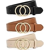 SANSTHS 3 Pack Women Waist Belts for Jeans Pants Dresses, Ladies Belt with Double O-Ring Gold Buckle