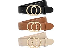 SANSTHS 3 Pack Women Waist Belts for Jeans Pants Dresses, Ladies Belt with Double O-Ring Gold Buckle
