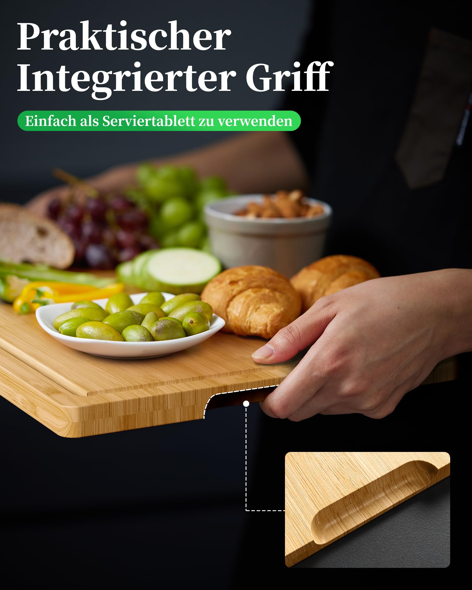 Kitsure Bambus-Schneidebrett – Holzschneidebrett, mit tiefen Saftrillen, zum Schneiden, Hacken & Servieren, groß, natur, 38.0 x 25.5 x 1.2 cm 5