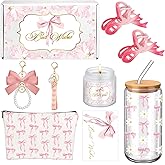 Reallnaive 9 Pcs Gifts Set for Christmas Women Includes Glass Cup Scented Candles Hair Clips Makeup Bag Keychain Greeting Card Gift Box for Mother's Day Xmas Mom Women Gifts(Coquette Pink Bow)