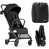 Mompush Nexis Carbon Fiber Lightweight Travel Stroller, Carry-On, Black | Lightweight travel stroller for airplane, compact auto-fold, one-hand recline, XL basket, cup holder, rain cover included