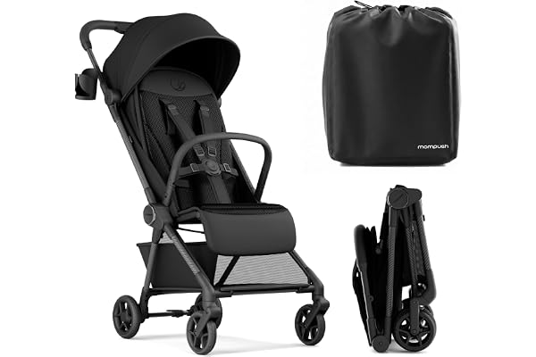 Mompush Nexis Carbon Fiber Lightweight Travel Stroller, Carry-On, Black | Lightweight travel stroller for airplane, compact auto-fold, one-hand recline, XL basket, cup holder, rain cover included
