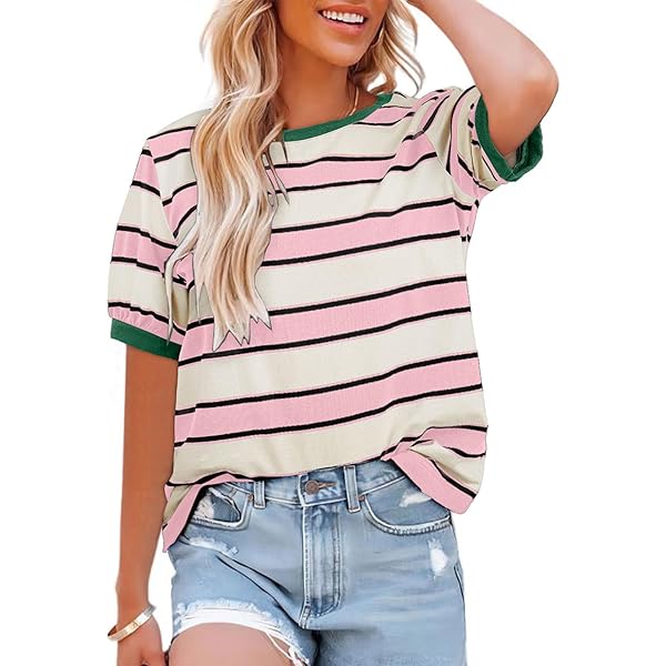 MONNURO Plus Size Short Sleeve Tunic Top – Striped Color Block Loose Fit Summer Shirt - View #8