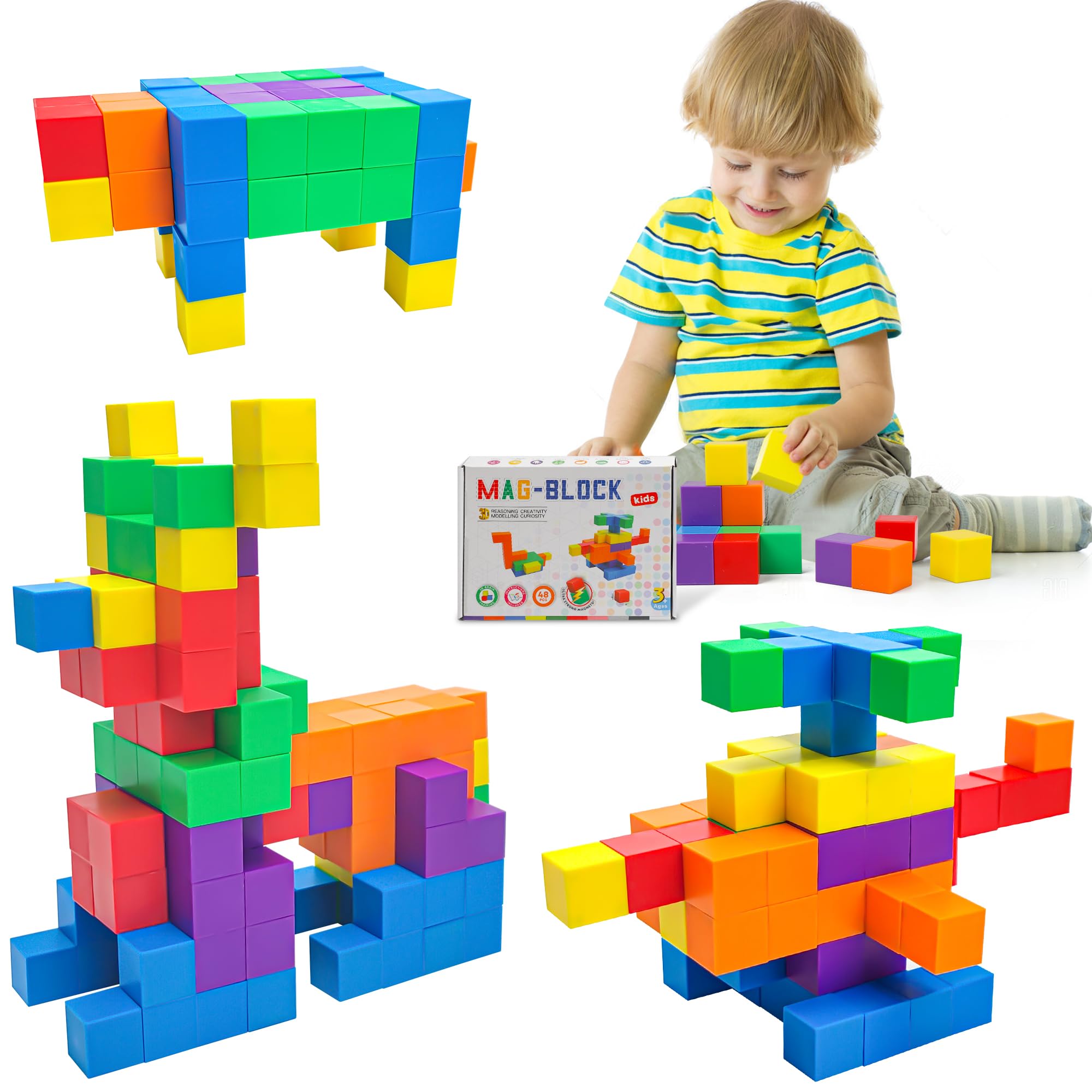 ROUSKY 48PCS Mathematical Teaching Aids - Hexahedral Magnetic Cubes, Magnetic Blocks, Spatial Thinking, Geometric Solid Models for Student，Magnetic Building Blocks for Kids