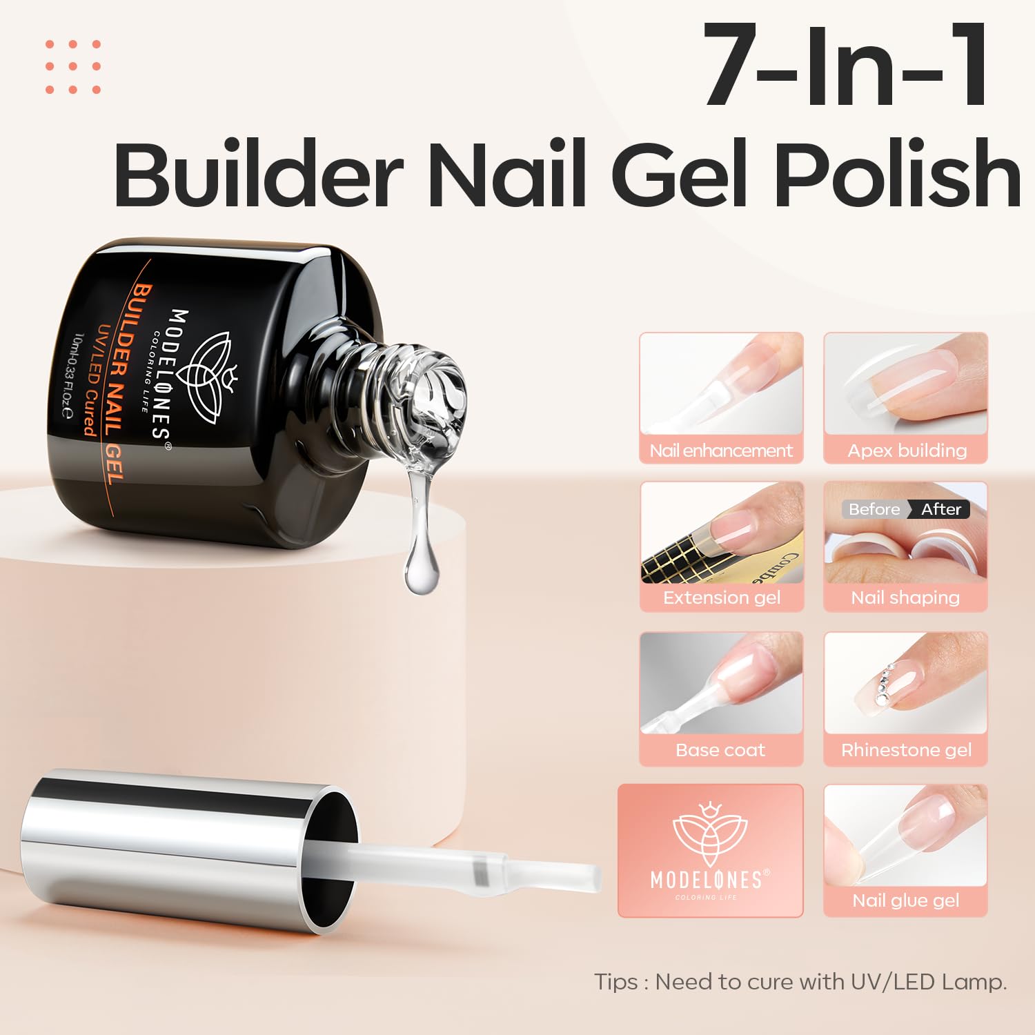 modelones Builder Nail Gel, 2 Pcs Clear Builder Nail Polish for Thickening Strengthener Apex Building Extension Rhinestone Glue Gel Polish in a Bottle for DIY Home Salon Gifts 10ml LED Lamp Cured - Image 3